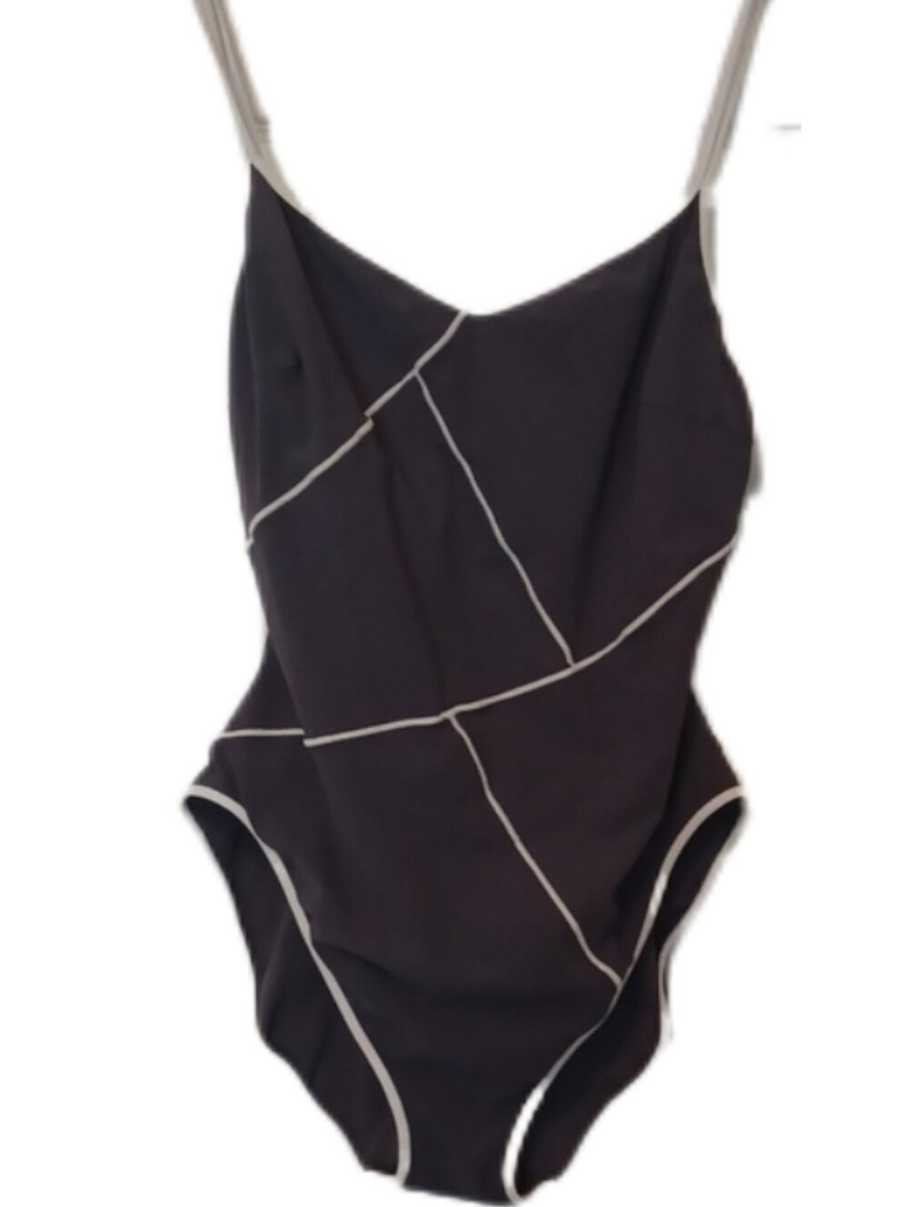 -- La Blanca Women's  Dark Gray One-Piece Swimsuit with Cream Piping Size LARGE